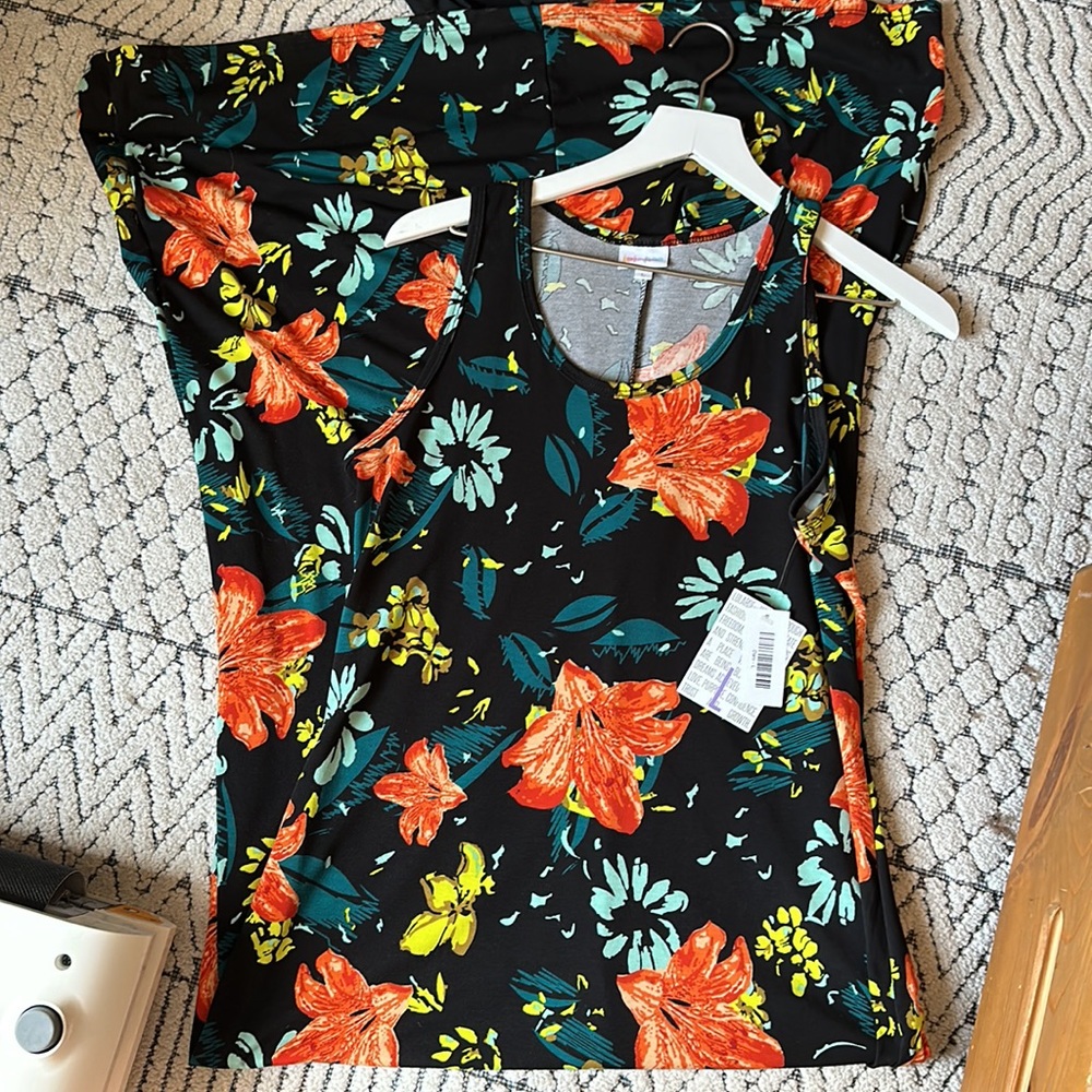 Floral Tank Dress - Black with Orange & Teal Flowers